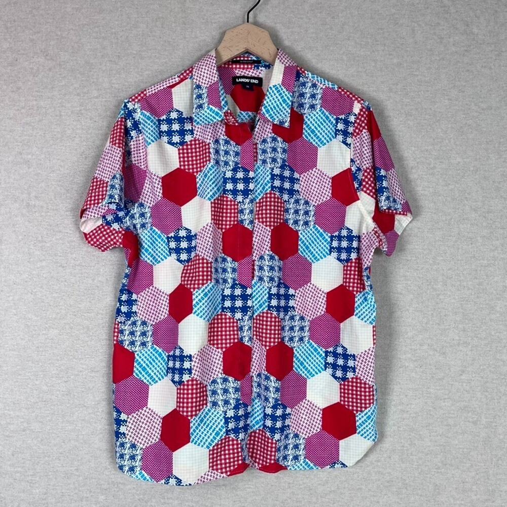 Lands End Womens Button Up Top Size 16 1X Patchwork No‎ Iron Career Office Artsy
